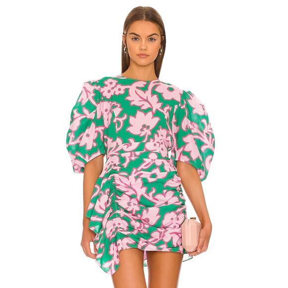 Rhode Floral Pia Mini Dress Green Pink Lined Ruched Draped Bell Sleeve Sz M - Picture 1 of 15